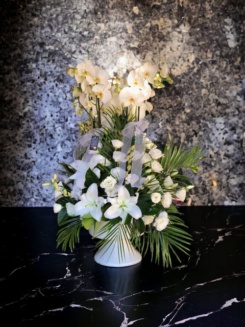 White Orchid Arrangement in Ceramic Vase