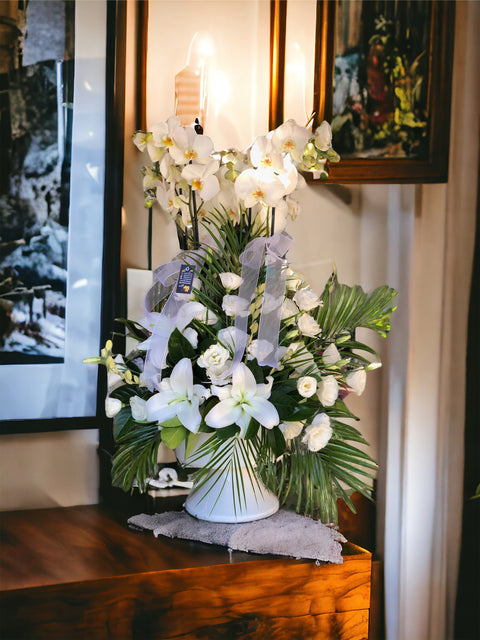 White Orchid Arrangement in Ceramic Vase