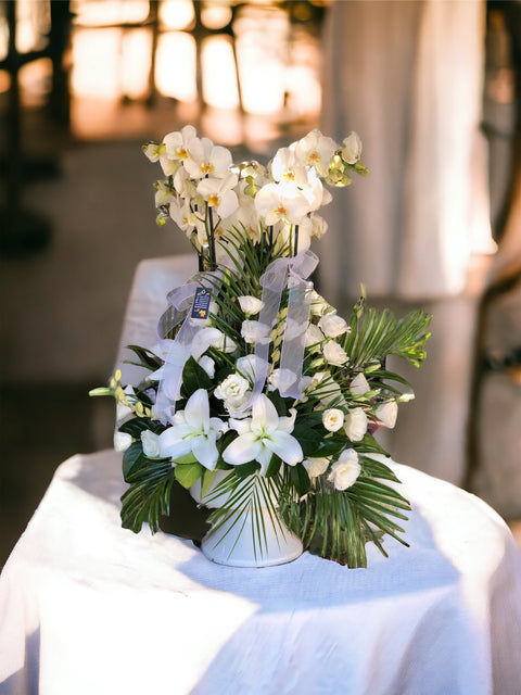 White Orchid Arrangement in Ceramic Vase