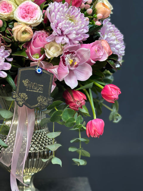 Silver Amore – Gümüş Vazoda Premium Pembe Lüks Aranjman