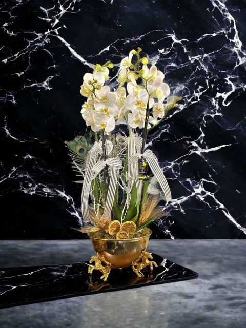 4 branches of White Orchids in Pegasus Gold Vase