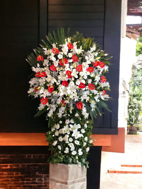 Giant Wrought Iron Flower with red Antorum and white flowers