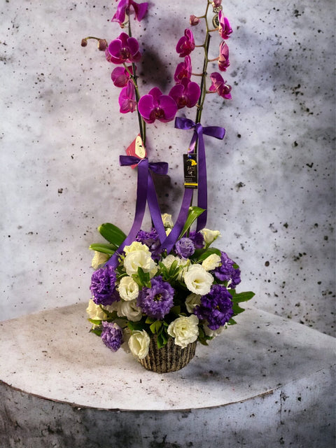 a24 Orchid and spring-flowered lisianthus arrangement