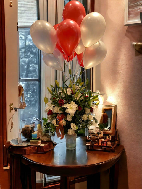 Large Arrangement in High Glass Vase with 10 Metallic Balloons